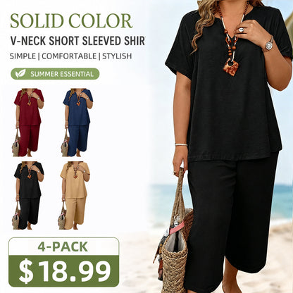 Women's Solid Short Sleeve Top & Loose Wide Leg Pants 2-Piece Set