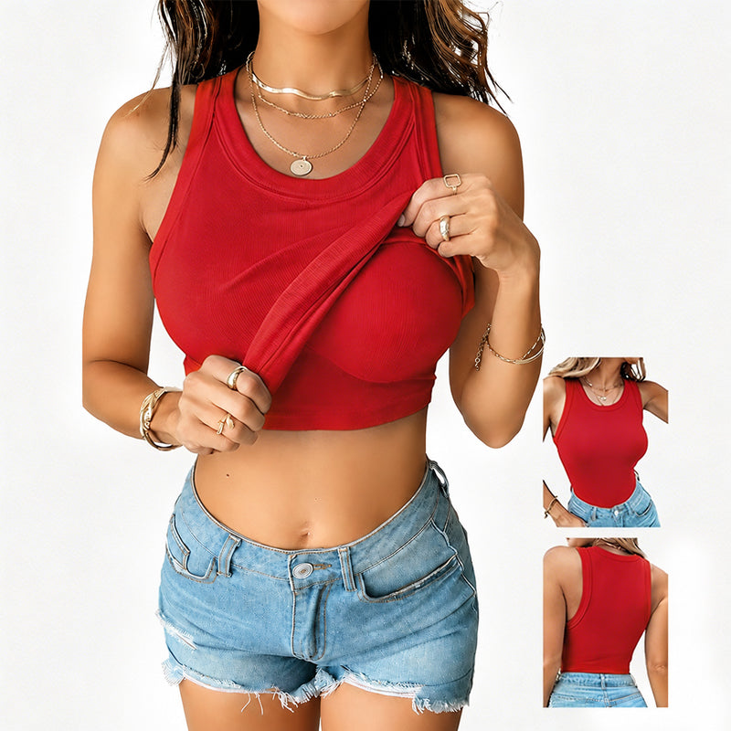This Week's Special Price🍃Round Neck Built-in Bra Ribbed Tank Top Fit Casual Comfortable💥