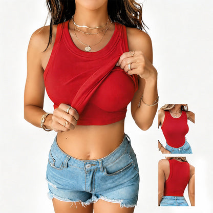 This Week's Special Price🍃Round Neck Built-in Bra Ribbed Tank Top Fit Casual Comfortable💥