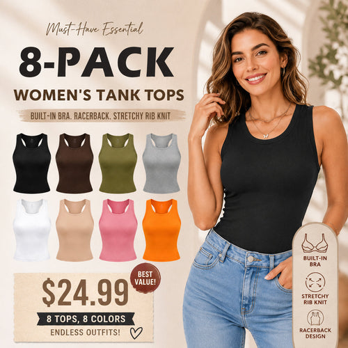 This Week's Special Price🍃Round Neck Built-in Bra Ribbed Tank Top Fit Casual Comfortable💥